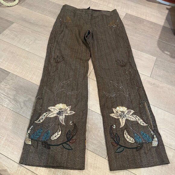 EXPRESS STRETCH WOMENS 9/10 BROWN BEADED EMBROIDERED DRESS PANTS BOHO - Picture 1 of 11